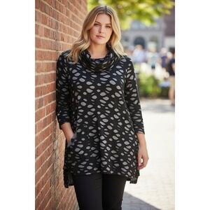 Ali Miles Tunic Size L Polka Dot Cowl Neck Textured Knit Lagenlook Artsy